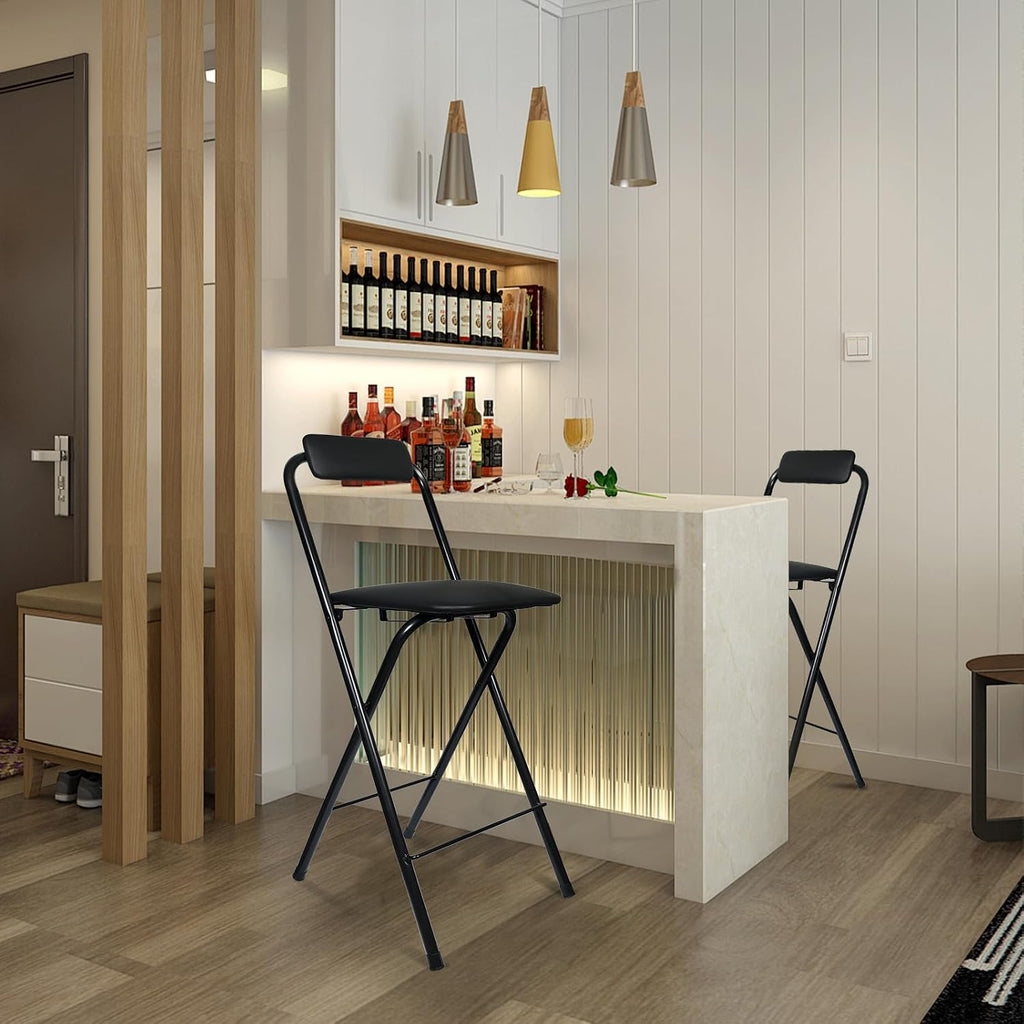 25.4inch +29 inch 2PCS Folding Stool with Backrest, Tall Foldable Bar Stool Chair, Portable Counter Folding Stool Height Bar Stools Leather Padded for Kitchen Shop Cafe Guitar Music
