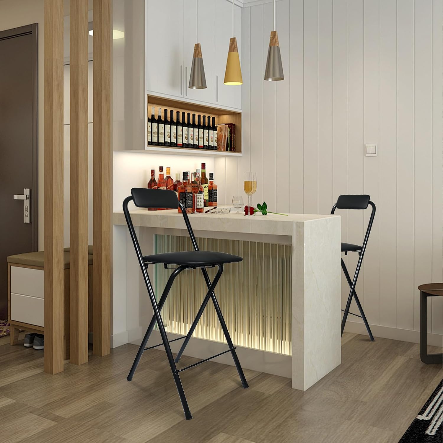 25.4inch +29 inch 2PCS Folding Stool with Backrest, Tall Foldable Bar Stool Chair, Portable Counter Folding Stool Height Bar Stools Leather Padded for Kitchen Shop Cafe Guitar Music