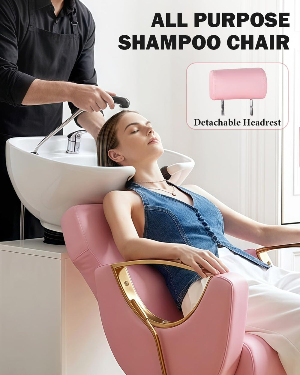 Salon Barber Chair for Hair Stylist, Pink Reclining Hair Styling Chair with W...
