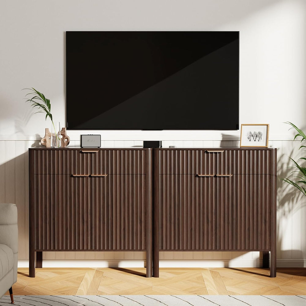 Fluted Buffet Cabinet with Storage - Modern Sideboard Accent Credenza with Do...