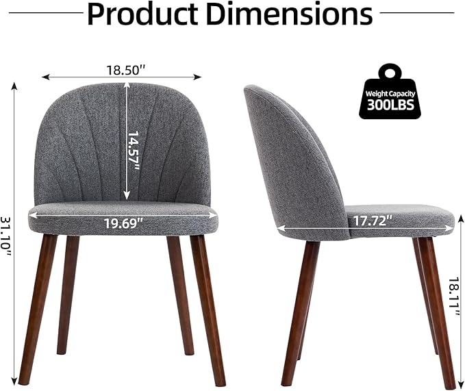 Fabric Dining Chairs Set of 4, Upholstered Mid Century Modern Dining Chairs, Armless Accent Chair with Walnut Wood Legs for Kitchen, Living Room, Dining Room, Grey