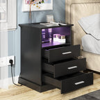 Black LED Nightstand with Charging Station, Side Table with 3 Drawers and Light, End Table with Open Storage, Beside Cabinet for Bedroom (Black 2 Set)