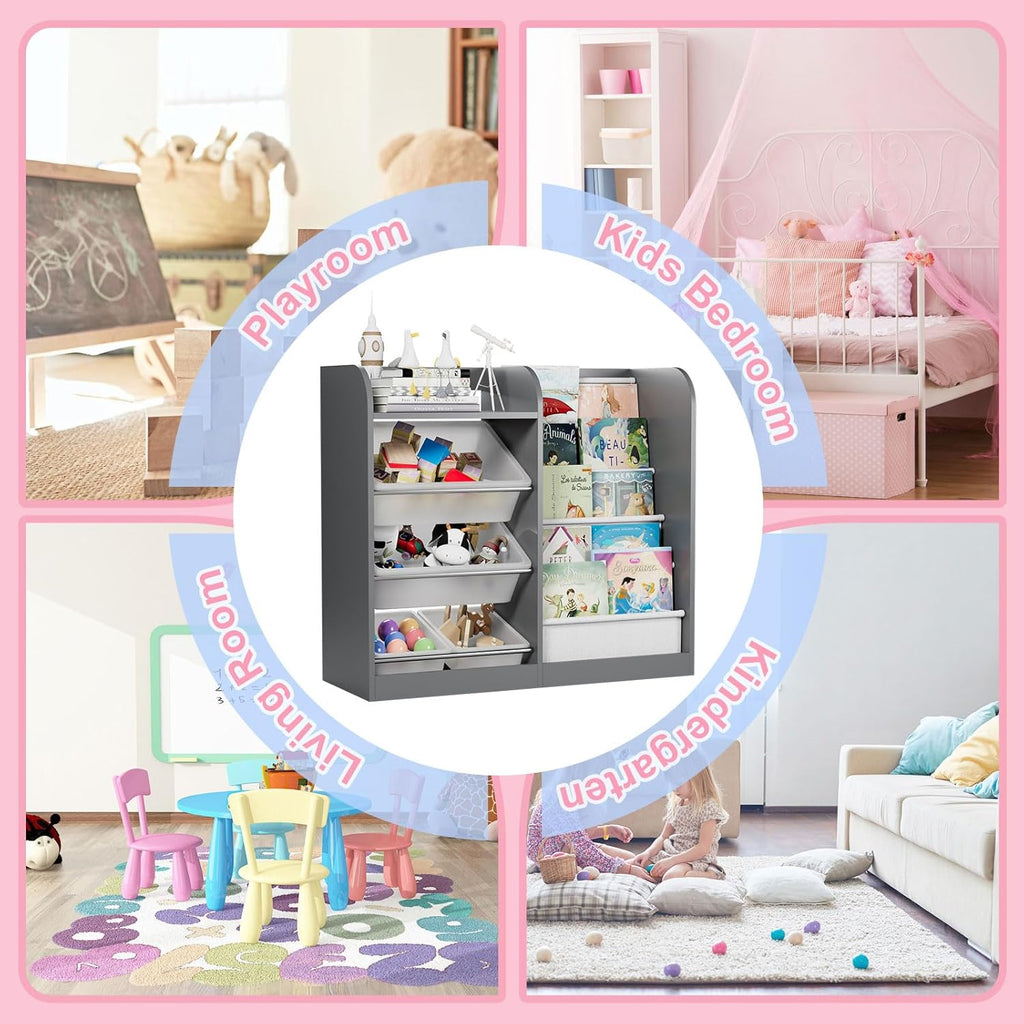 Grey Kids Wood Bookshelf Toy Storage Box Organizer Shelf W/4 Removable Plastic Toy Bins Children Bookcase Toddler Baby Sling Book Rack Cabinet Chest Girl Boy Gift Playroom Classroom Bedroom Nursery