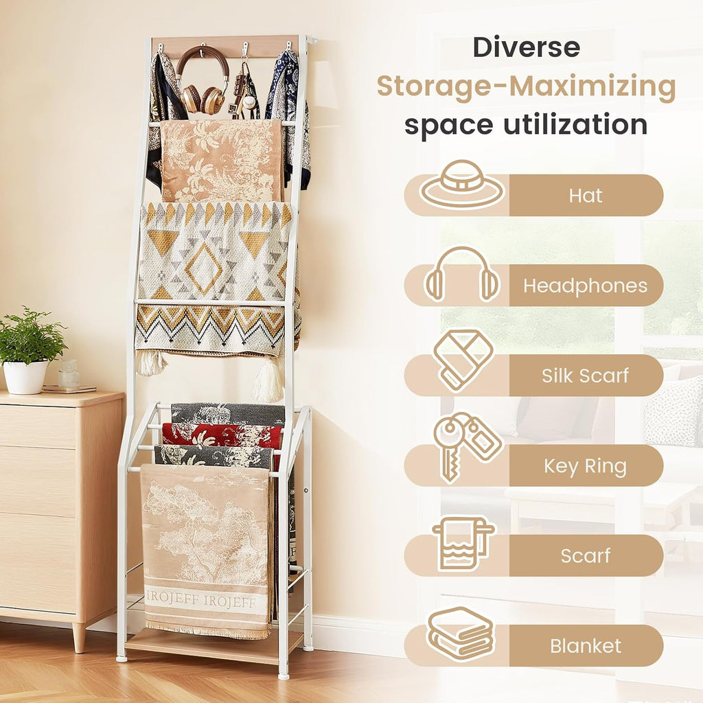 Pinzoveco Blanket Ladder, 7 Tier Wooden Ladder Shelf with Hooks 5.5ft White | Blanket Ladders for The Living Room, Blanket Holder Rack Farmhouse Ladder Rack for Storage and Home Decor