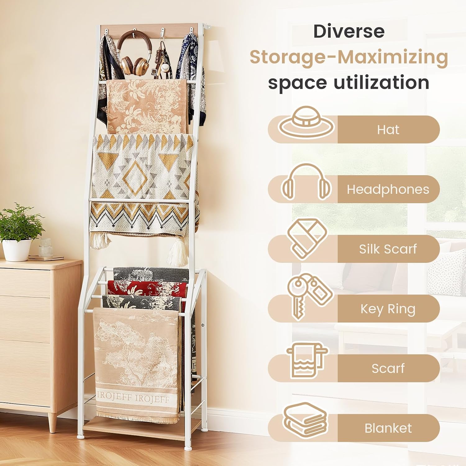 Pinzoveco Blanket Ladder, 7 Tier Wooden Ladder Shelf with Hooks 5.5ft White | Blanket Ladders for The Living Room, Blanket Holder Rack Farmhouse Ladder Rack for Storage and Home Decor