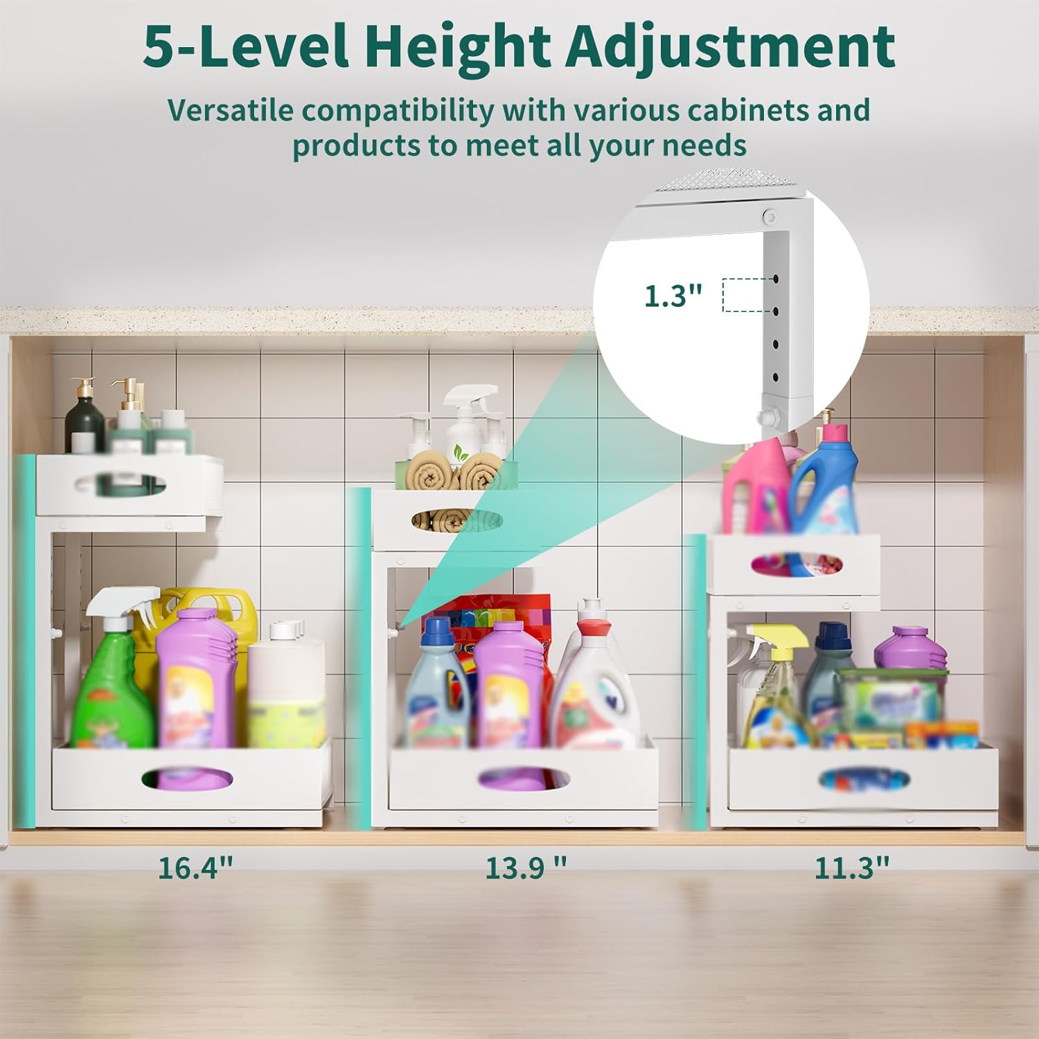 Under Sink Organizer, Extra-Wide Upgrade, 1 Pack 2 Tier Metal Slide Out Cabinet Organizer, Height Adjustable Organization and Storage Series, Bathroom/Cabinet/Kitchen organization, White