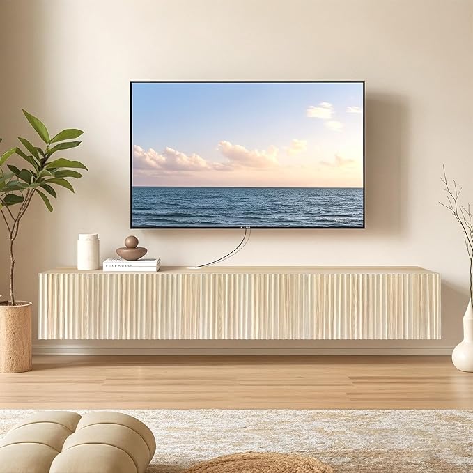 ZYBT Floating TV Stand, Modern Wall Mount Entertainment Center TV Shelf, 70.7" Media Console Under TV Storage Cabinet with Fluted Doors, TV Consoles for Living Room, Floating Cabinet for Wall (Oak)