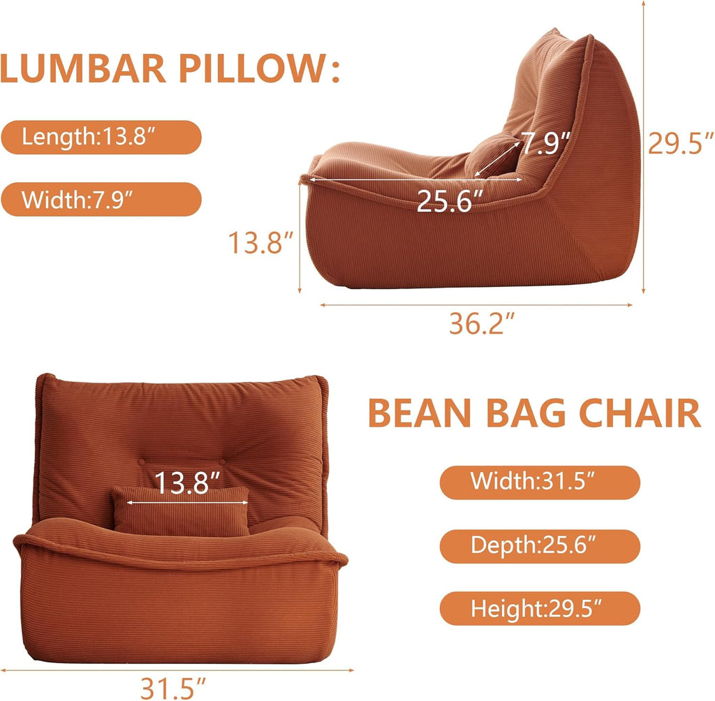 Bean Bag Chair for Adults, Single Lounge Chair with Lumbar Pillow, Comfy Floor Sofa with High-Resilience Foam, Lazy Accent Chair for Living Room, Bedroom, Apartment, Or Reading Corner, Orange