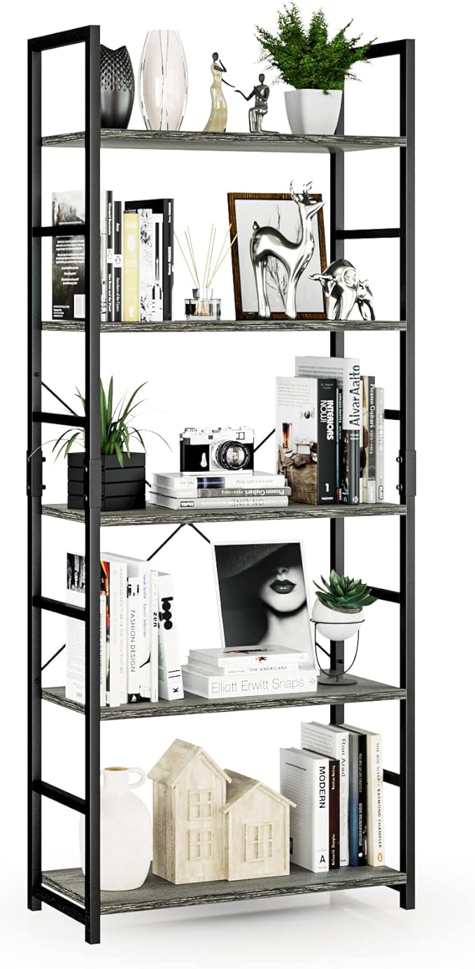 NUMENN 5 Tier Bookshelf, Tall Bookcase Shelf Storage Organizer, Modern Book S...