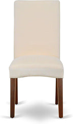East West Furniture DLDR3-MAH-01 3 Piece Kitchen Table & Chairs Set Contains a Round Dining Room Table with Dropleaf and 2 Cream Linen Fabric Parson Dining Chairs, 42x42 Inch, Mahogany