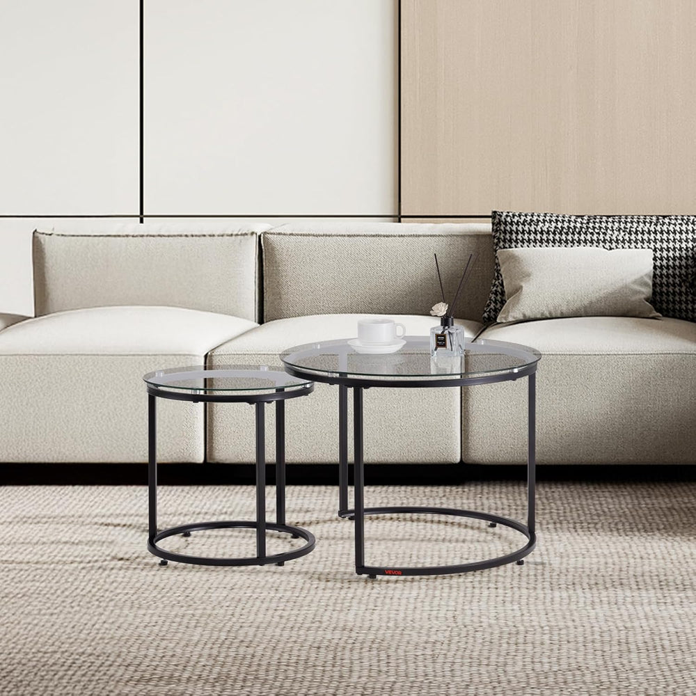 VEVOR Nesting Coffee Table Set of 2, 23.6 in Round Coffee Table, Glass Nestin...