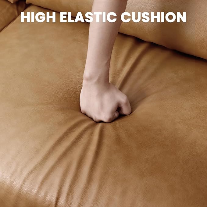 Vesgantti 100" L Shaped PU Leather Sofa with Movable Ottoman, 3 Seater Faux Leather Couch with Side Pocket, Comfy Modern Modular Sectional Couch for Living Room, Apartment, Camel