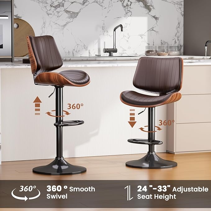 Swivel Bar Stools Set of 2, Adjustable Bentwood Barstools for Kitchen Counter, Modern PU Leather Upholstered Bar Chair with Back and Footrest, for Kitchen Island, Bar, Dining Room, Brown