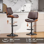 Swivel Bar Stools Set of 2, Adjustable Bentwood Barstools for Kitchen Counter, Modern PU Leather Upholstered Bar Chair with Back and Footrest, for Kitchen Island, Bar, Dining Room, Brown