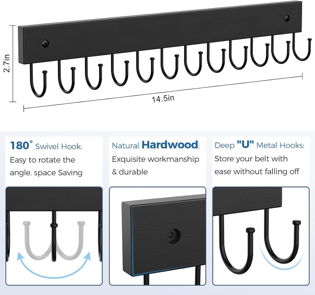 Belt Hanger Wall Mounted, Wooden Belt Organizer Max 12 Storage Capacity, 180° Rotating Space Saving Hangers for Ties, Tank Tops, Scarves, Bras, Keys, Bags 1 Pcs Black