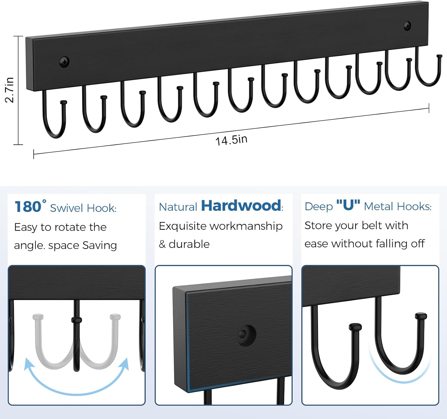 Belt Hanger Wall Mounted, Wooden Belt Organizer Max 12 Storage Capacity, 180° Rotating Space Saving Hangers for Ties, Tank Tops, Scarves, Bras, Keys, Bags 1 Pcs Black