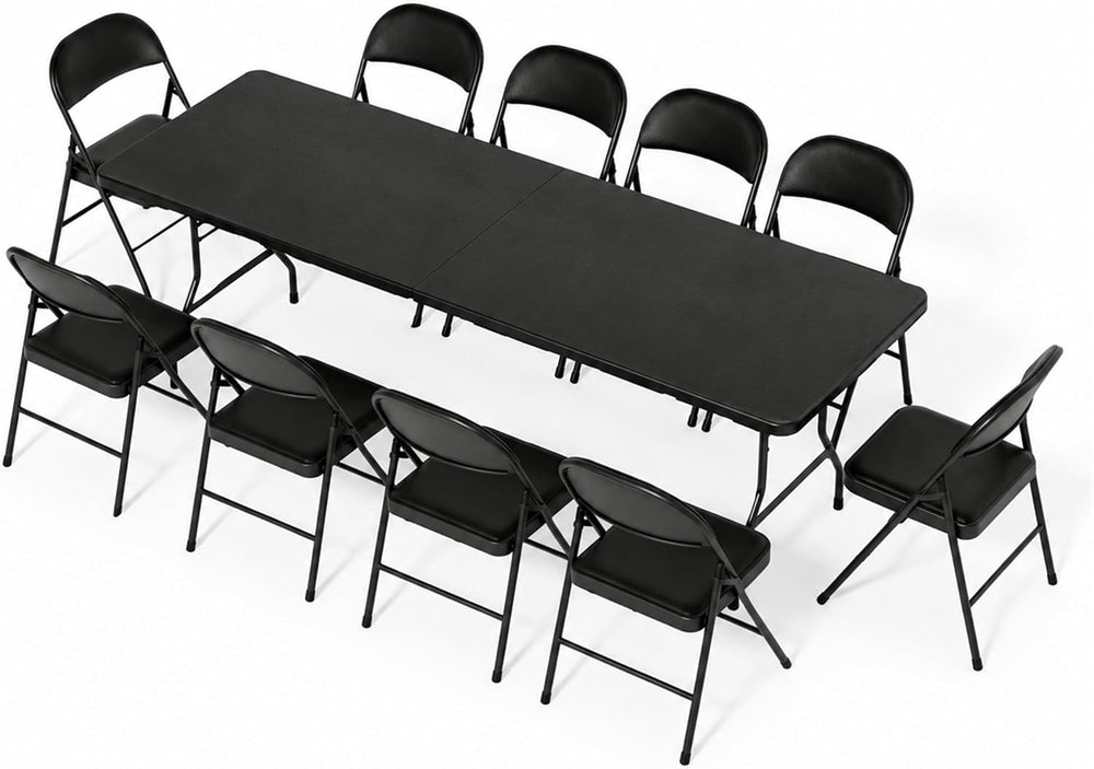 8FT Black Plastic Folding Table Set with 10 Black PU Padded Chairs