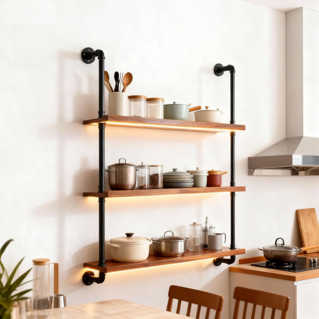 32" Wine Rack Wall Mounted with LED Lights, 3-Tiers Wall Bar Shelves | Solid Wood, Rustic Industrial Pipe Floating Shelves for Home, Restaurant, Commercial Bar, Kitchen Storage Display