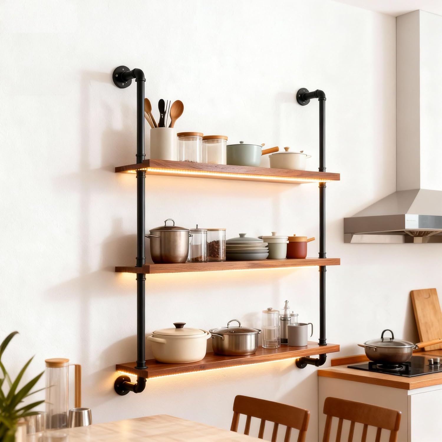 32" Wine Rack Wall Mounted with LED Lights, 3-Tiers Wall Bar Shelves | Solid Wood, Rustic Industrial Pipe Floating Shelves for Home, Restaurant, Commercial Bar, Kitchen Storage Display