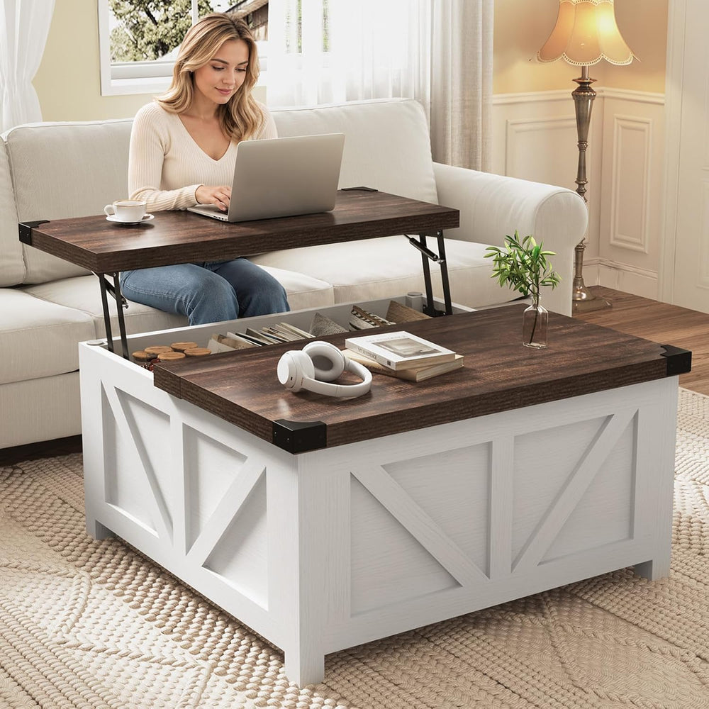 jimeimen Farmhouse Lift Top Coffee Table with Storage, Wood Square Center Tab...