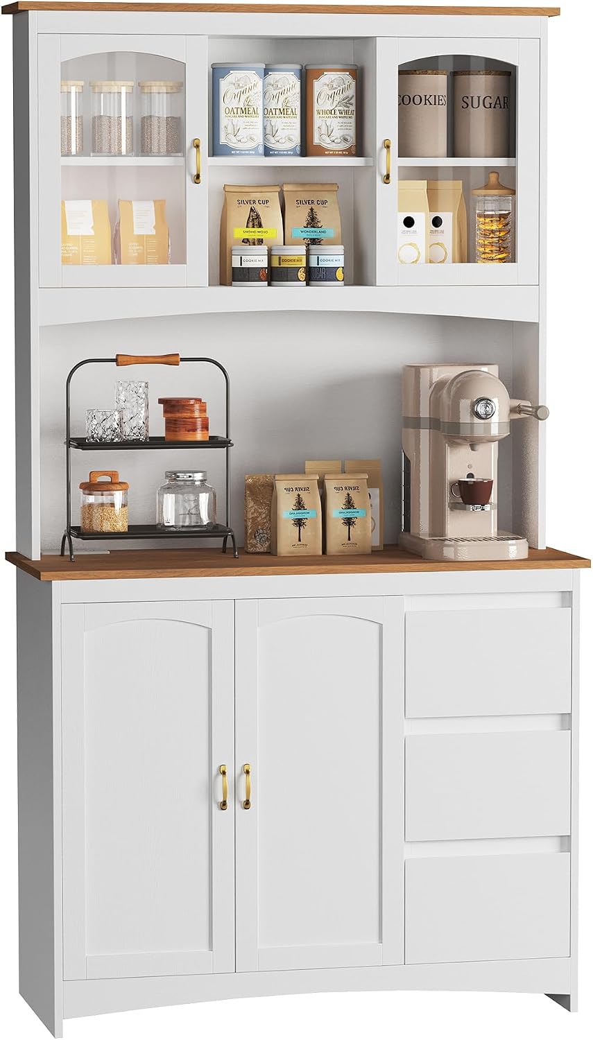 71" Tall Kitchen Pantry Cabinet with LED Lights & Charging Station |...