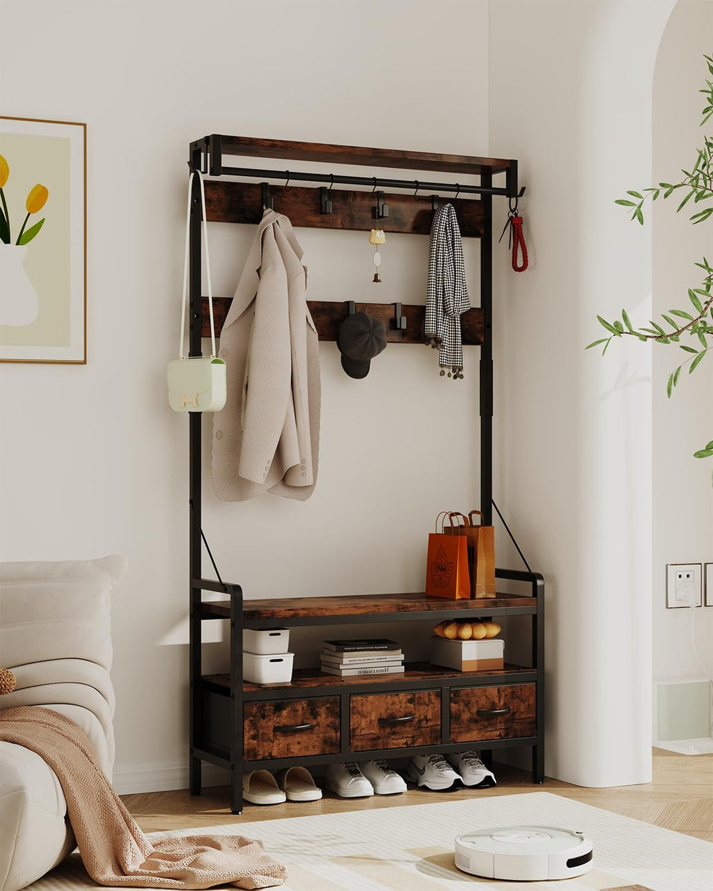 Hall Tree with Bench and Shoe Storage, Freestanding Entryway Coat Rack with 3 Fabric Drawers, 16 Hooks