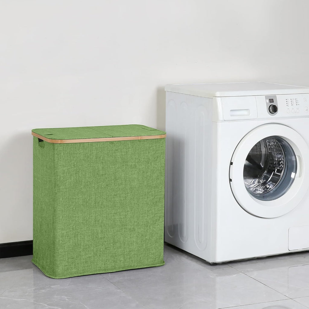 efluky Laundry Hamper with Lid, Double Laundry Hamper with 2 Removable Bags, 2 Section Laundry Basket with Bamboo Handles for Bathroom, Bedroom & Laundry Room,140L Green
