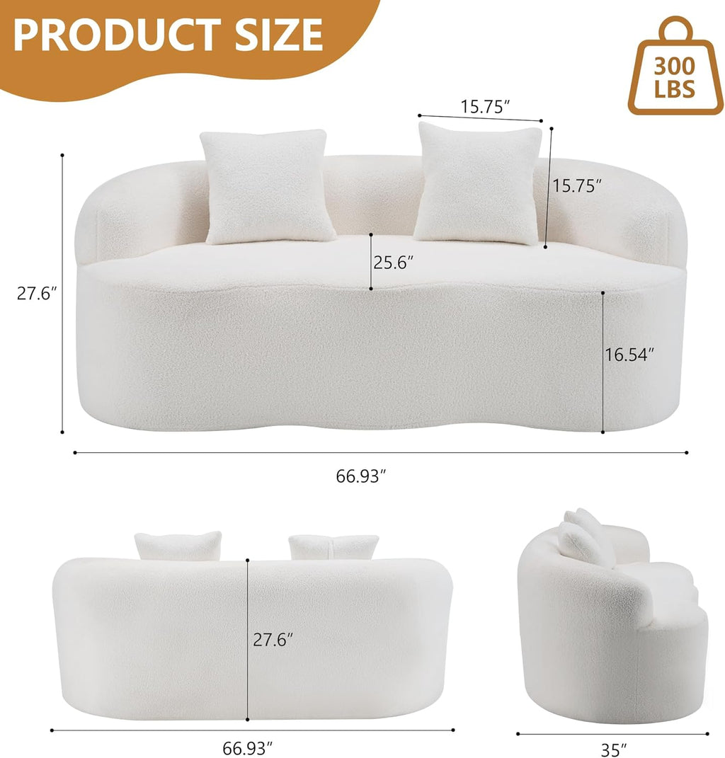 67" Curved Loveseat Sofa for Living Room, Curved Deep Seat Cloud Loveseat with 2 Throw Pillows, Teddy Fabric Modern Loveseat for Small Spaces, White Loveseat, No Assembly Required