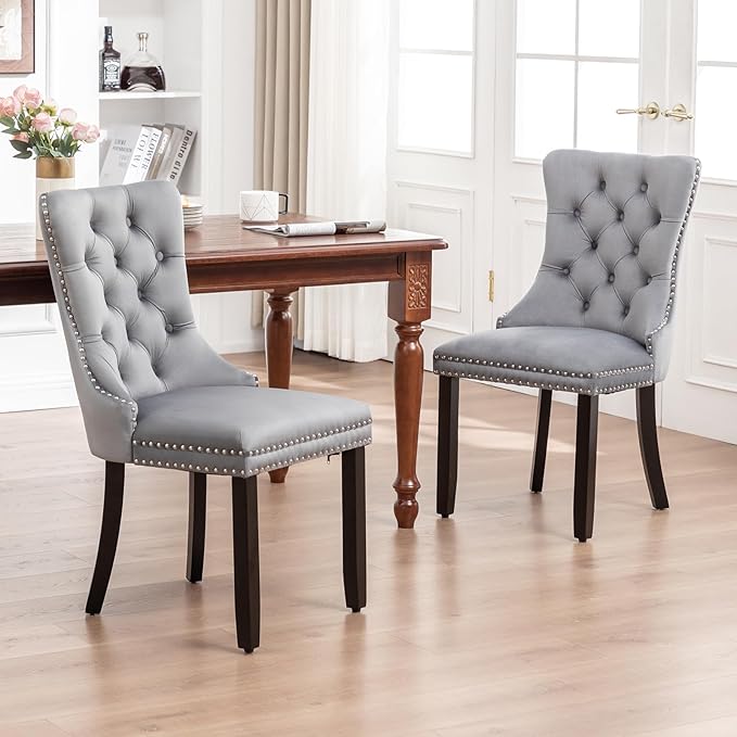 Velvet Dining Chairs Set of 2,Upholstered Dining Chairs with Ring Pull Trim and Button Back,Modern Seating for Kitchen, Dining Room & Living Room(Grey)