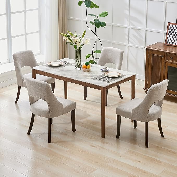 UVV Wooden Dining Chairs Set of 2, Mid Century Modern Upholstered Dining Room Chair Kitchen Chairs, Chenille Dinner Chair with Solid Wood Legs for Kitchen Dining Room, Light Grey
