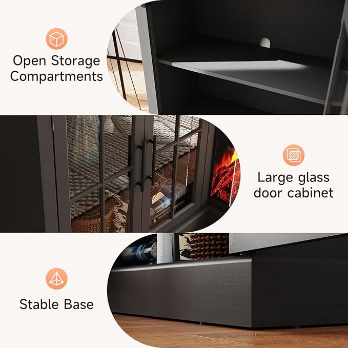 98" Farmhouse TV Stand with 36" Fireplace for Living Room,Media Entertainment Center with Adjustable Shelves and Large Storage Cabinets, TVs up to 100", Black