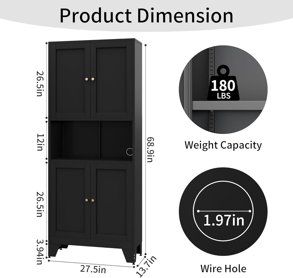 68.9'' Black Metal Kitchen Pantry Cabinet with Doors and Adjustable S...