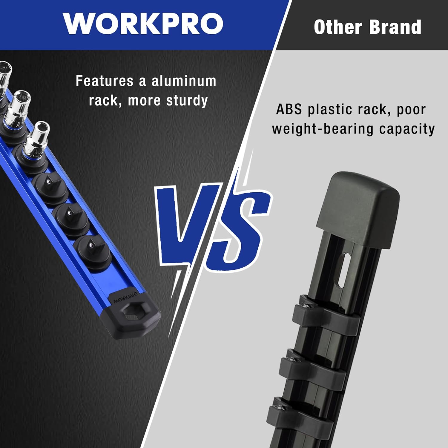 WORKPRO Magnetic Socket Organizer, 1/4-Inch Drive Aluminum Alloy Sockets Rail, Heavy Duty Sockets Holder, Socket Rack Kit 1/4-Inch x 12 Clips (Blue)