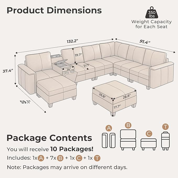 SITJOY 132" Faux Leather Modular Sectional Sofa with Storage, Mid Century Modern Sectional Couches for Living Room, 8 Seat V Shaped Couch with Ottoman and Console Table, Hidden Cupholders, Brown