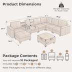 SITJOY 132" Faux Leather Modular Sectional Sofa with Storage, Mid Century Modern Sectional Couches for Living Room, 8 Seat V Shaped Couch with Ottoman and Console Table, Hidden Cupholders, Brown