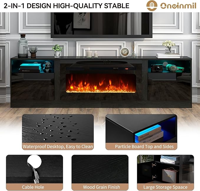 oneinmil 90” TV Stand with 50” Electric Fireplace, Large Modern Media Enterta...