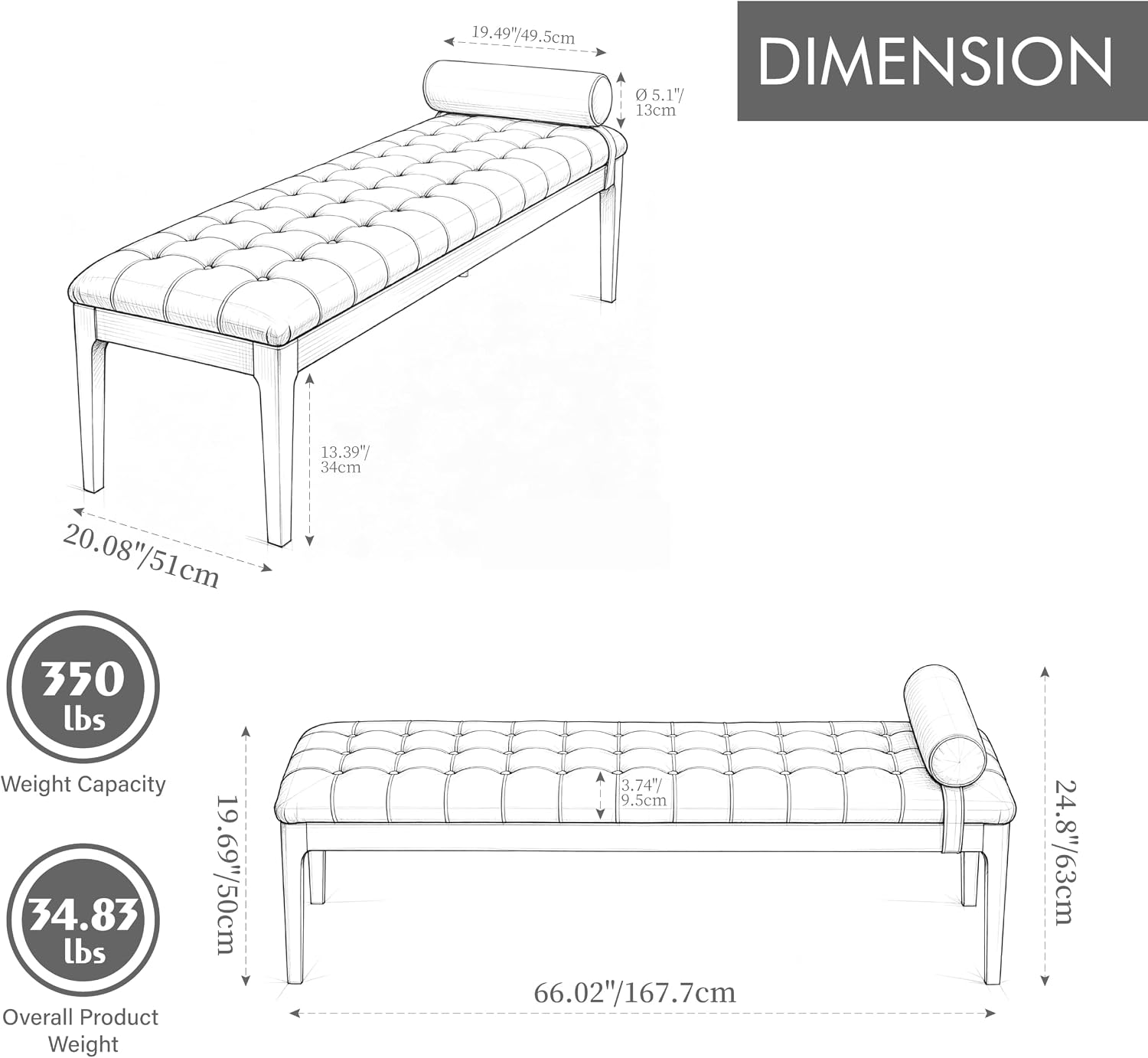 66" Upholstered End of Bed Bench with Headrest, Button Tufted (Taupe) | Nano Leather, Dark Walnut Legs, Bedroom & Entryway, Footstool Design, Window Bench Style