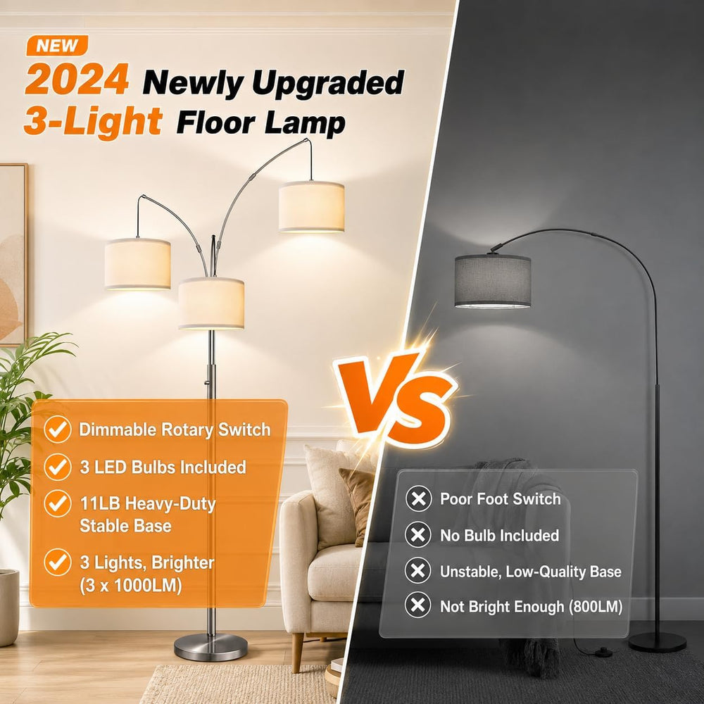 Nintiue Dimmable Floor Lamp - 3 Lights Brushed Nickel Arc Floor Lamps for Liv...