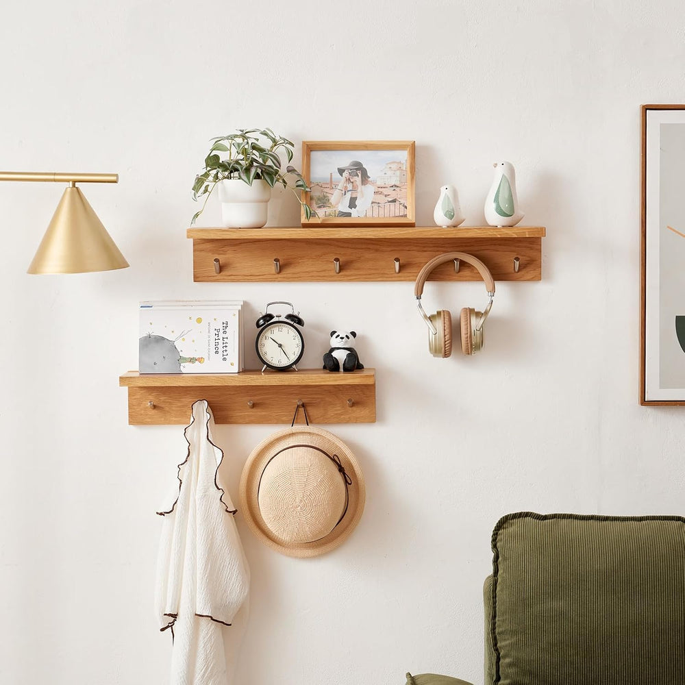 Oak Wood Coat Rack Wall Mount With Shelf 20 Inch Long, 5 Hooks, Floating Entr...