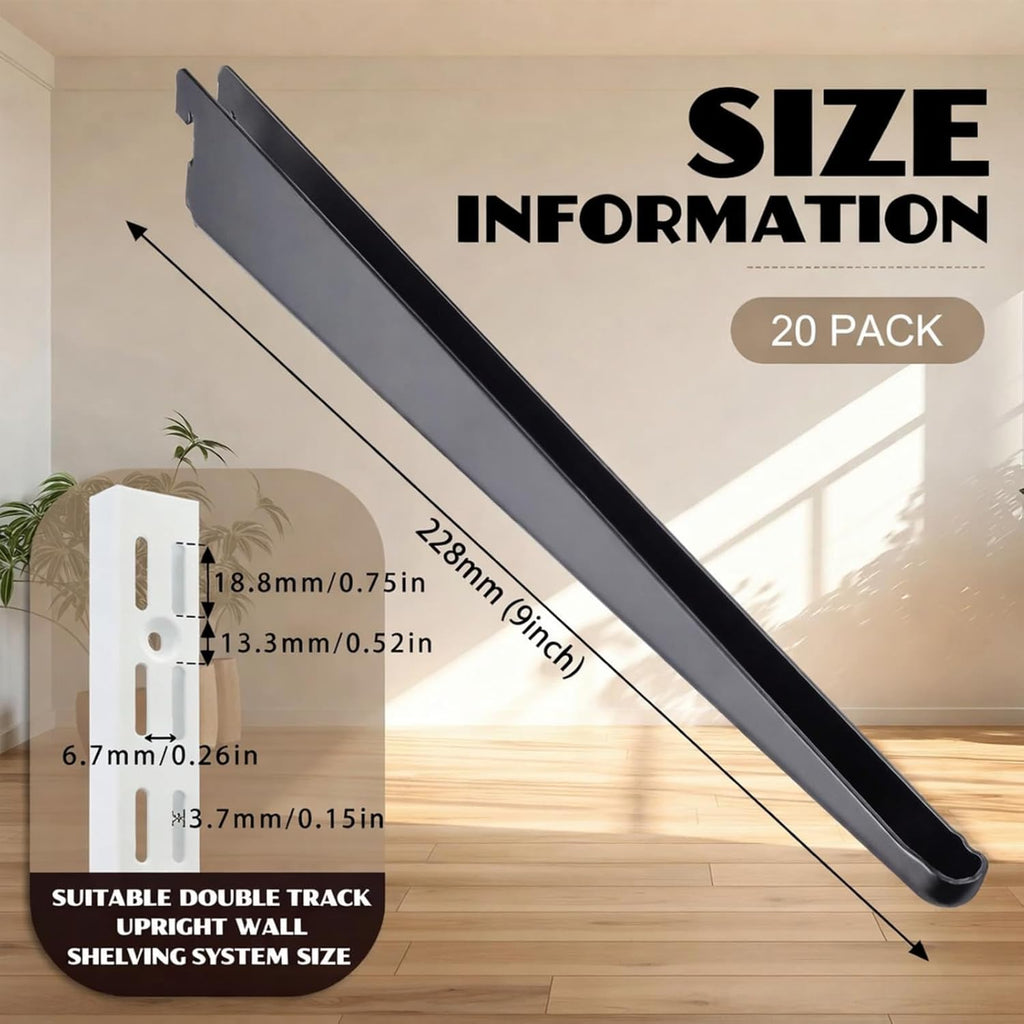 CroBlissful 20 Pcs Adjustable Shelf Brackets for Double Track System Closet Organization Heavy Duty Wire Shelf Brackets (Black,9 Inch)