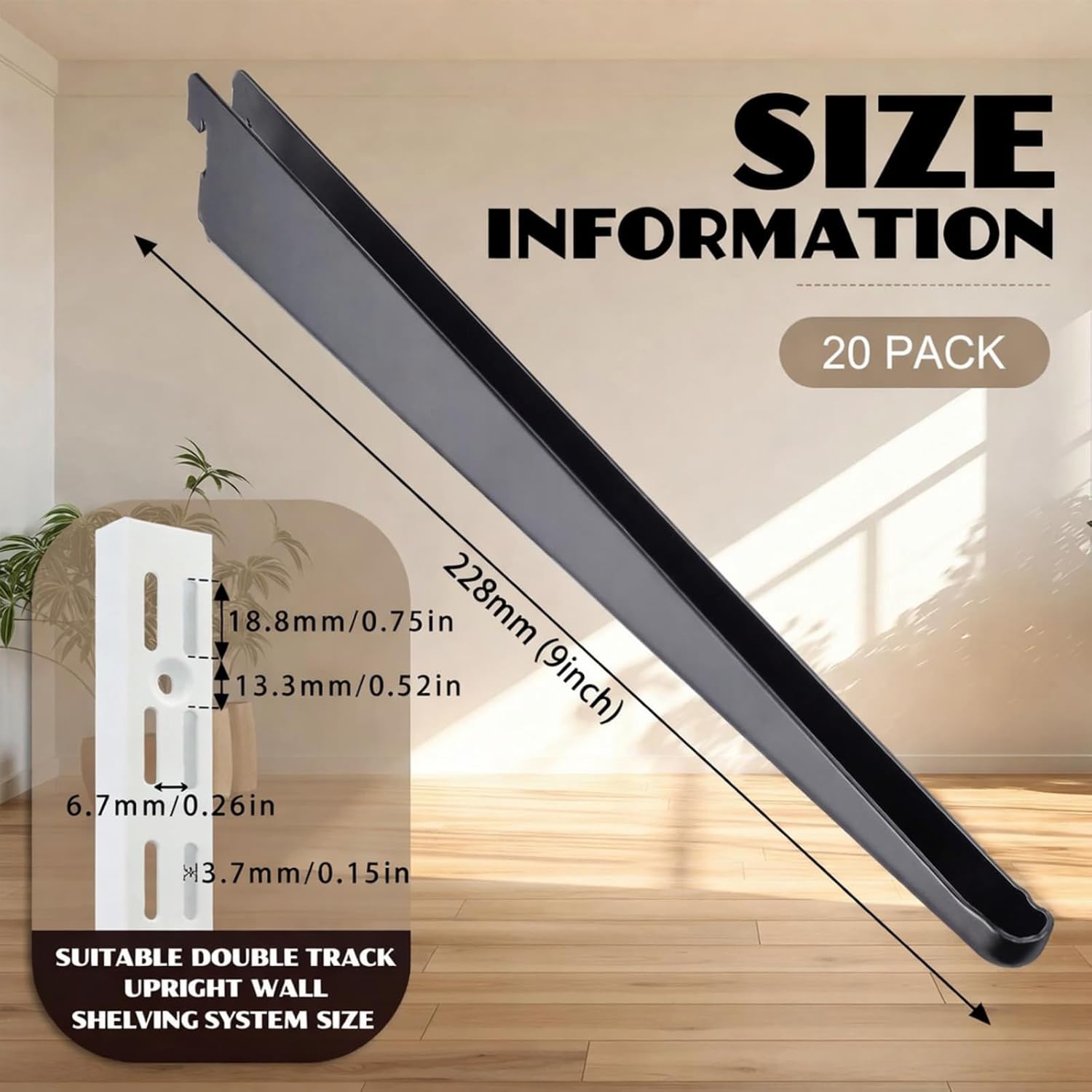 CroBlissful 20 Pcs Adjustable Shelf Brackets for Double Track System Closet Organization Heavy Duty Wire Shelf Brackets (Black,9 Inch)
