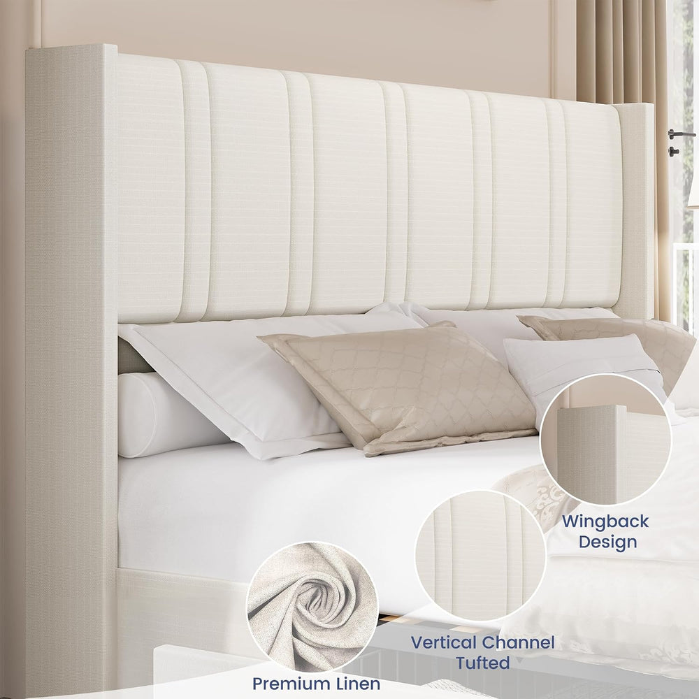 BRELTAM Queen Size Wingback Platform Bed Frame, White