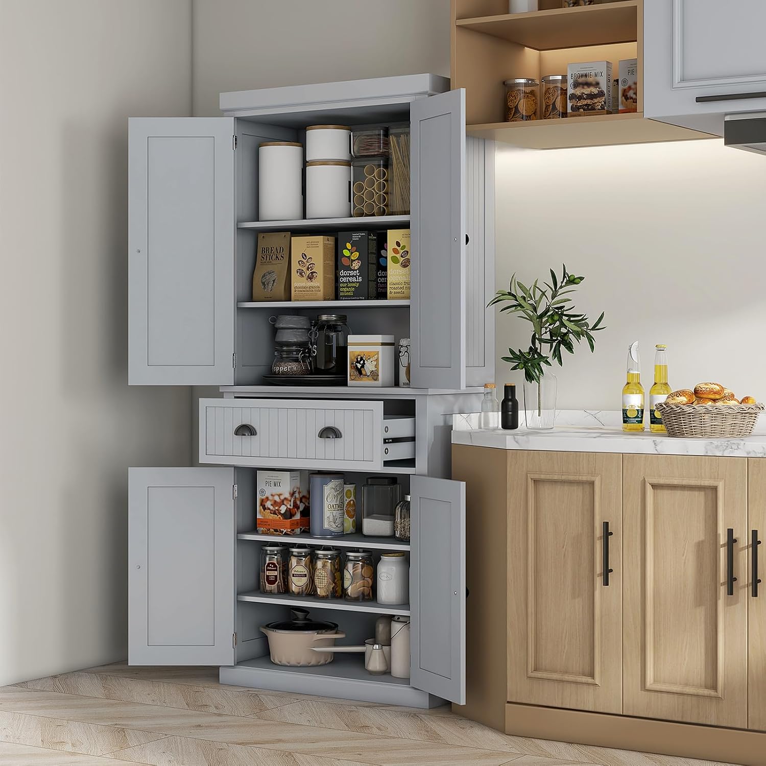 Pantry Storage Cabinet, 72" Traditional Freestanding Cabinet with 4 Doors and 3 Adjustable Shelves, Kitchen Large Central Drawer