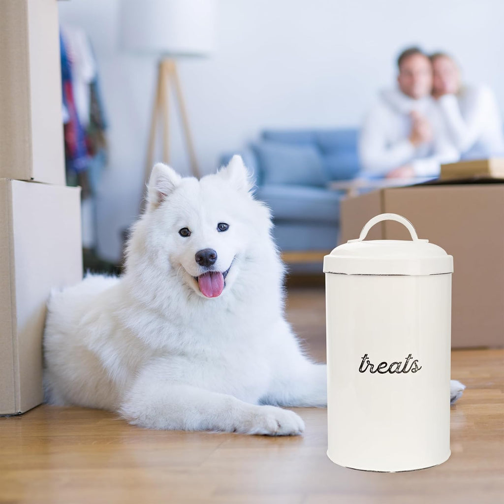 AuldHome Design Enamelware Dog Treat Jar, White Rustic Treats Container