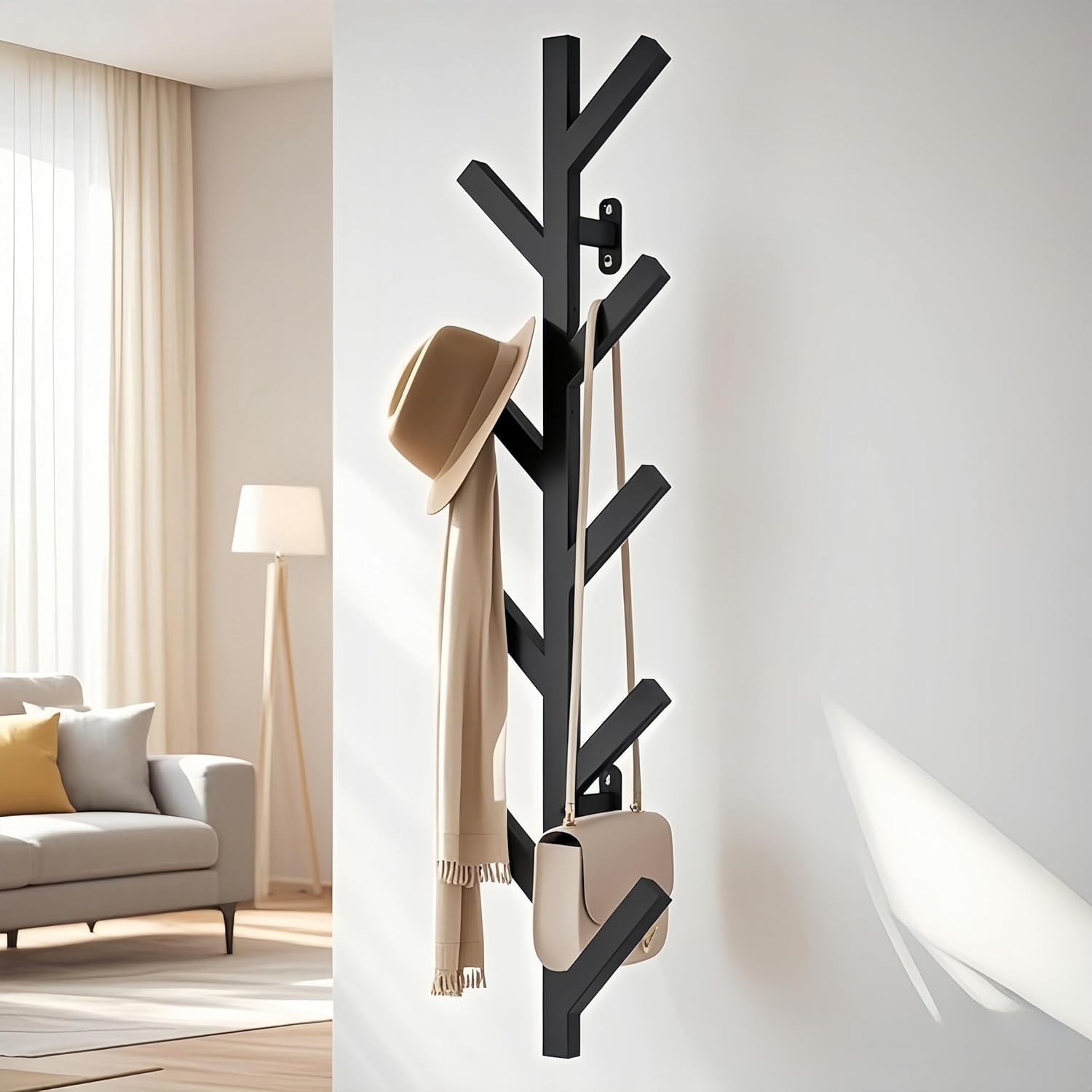 Prywot Coat Rack Wall Mounted - 9 Hooks, Coat Hooks for wall, Modern Metal Coat Tree for Hats, Jackets, Bags, Entryway Bedroom-Black (Height 37.8")