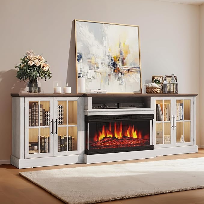 98" Farmhouse TV Stand with 36" Fireplace for Living Room,Media Entertainment Center with Adjustable Shelves and Large Storage Cabinets, White TV Stand for TVs up to 100", White
