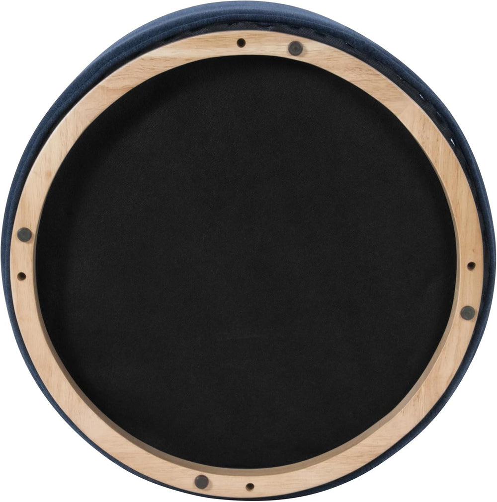 Spatial Order 22" Round Ottoman with Wooden Base - Blue Woven Fabric