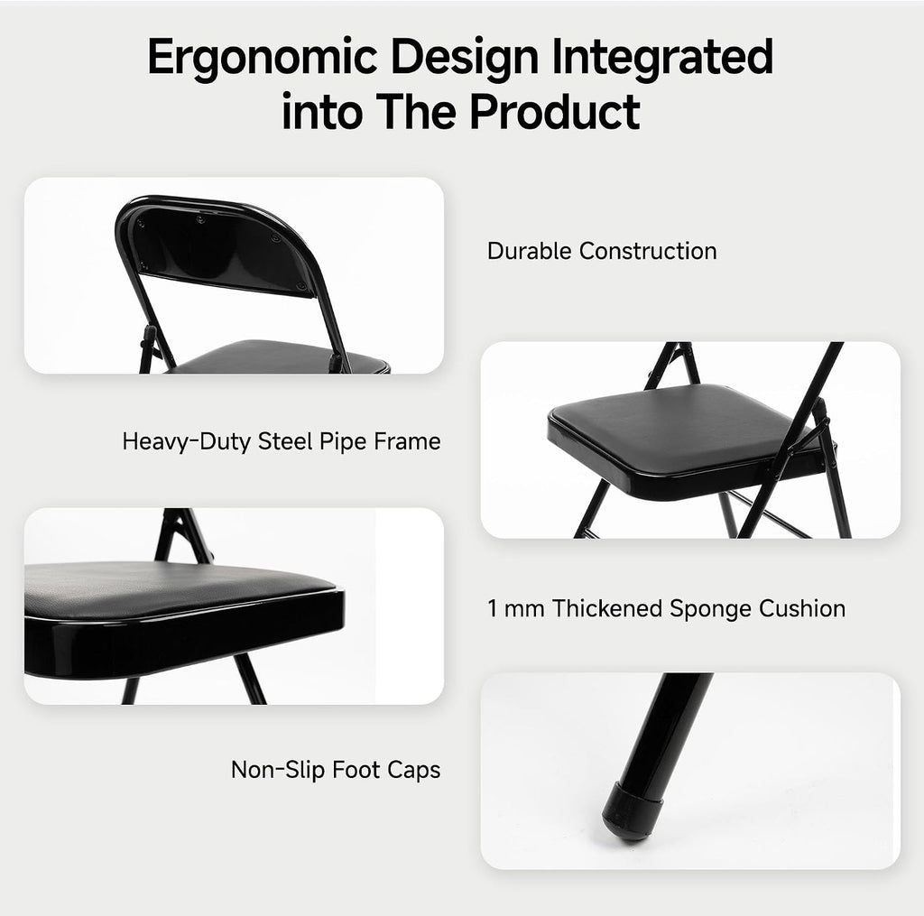 10 Pack Leather Padded Folding Chair, Metal Frame with Pu Leather Seat & Back, 650 LB Capacity Pu Leather Folding Chair with Comfortable Cushion for Events Home Office Black