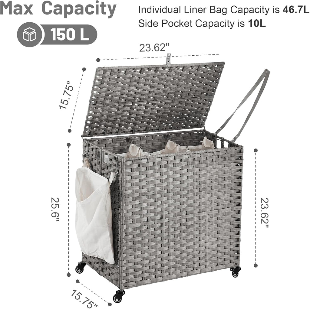 Laundry Hamper with Wheels, 39.6 Gallon(150L) Rolling Laundry Basket with Lid, 3-Section Rattan Clothes Hamper with 3 Removable Liner & 3 Mesh Bags, Laundry Sorter with Side Pocket, Grey