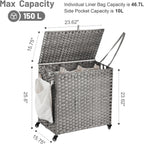 Laundry Hamper with Wheels, 39.6 Gallon(150L) Rolling Laundry Basket with Lid, 3-Section Rattan Clothes Hamper with 3 Removable Liner & 3 Mesh Bags, Laundry Sorter with Side Pocket, Grey